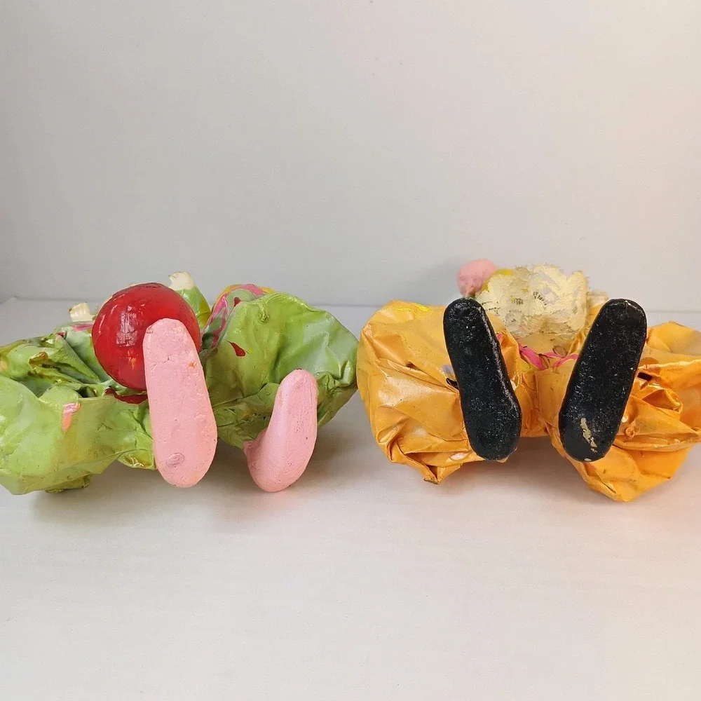 Set of 2 Vintage Mexican Folk Art Paper Mache Clown Bunch of Balloons Figurines